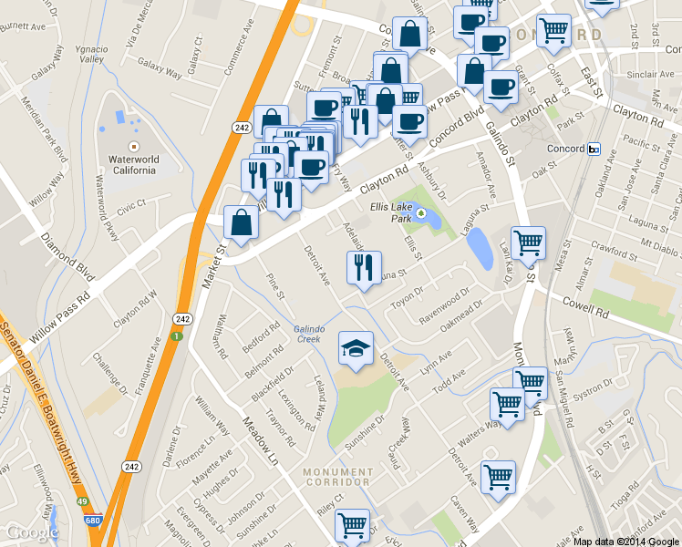 map of restaurants, bars, coffee shops, grocery stores, and more near 1650-1680 Detroit Avenue in Concord