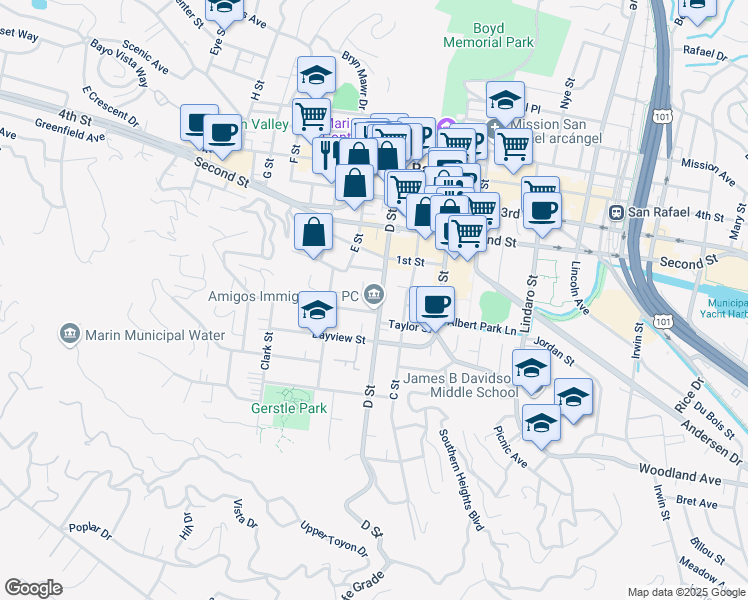 map of restaurants, bars, coffee shops, grocery stores, and more near 515 D Street in San Rafael