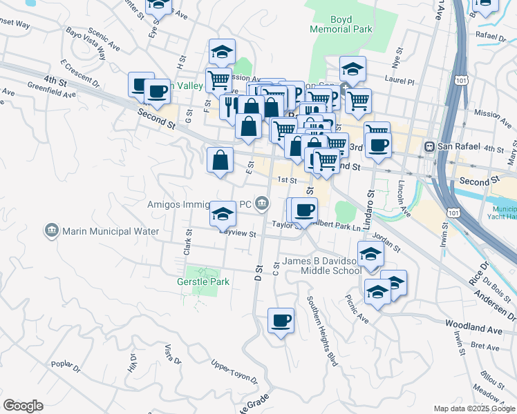 map of restaurants, bars, coffee shops, grocery stores, and more near 515 D Street in San Rafael