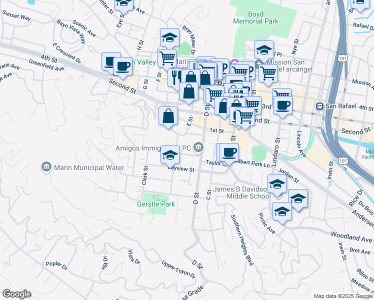 map of restaurants, bars, coffee shops, grocery stores, and more near 515 D Street in San Rafael