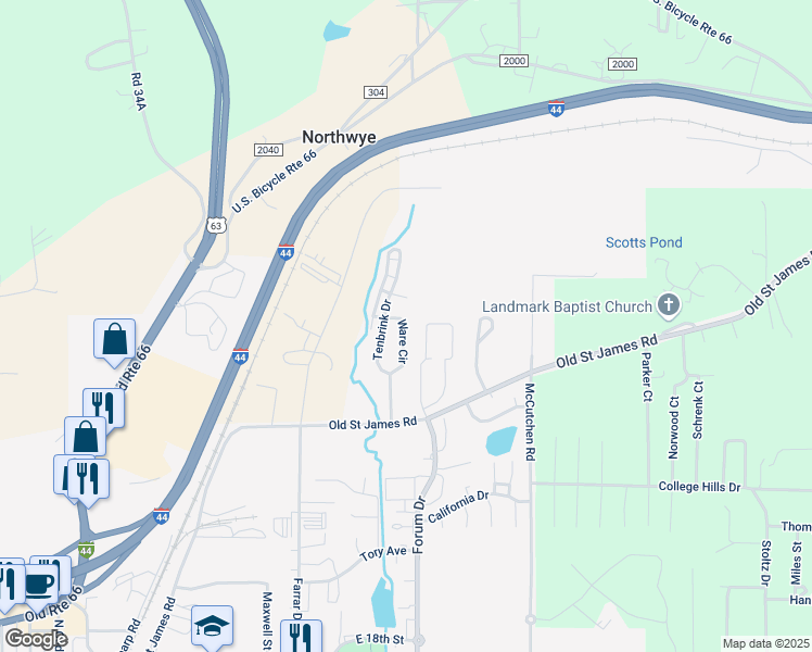map of restaurants, bars, coffee shops, grocery stores, and more near 2176 Ware Circle in Rolla