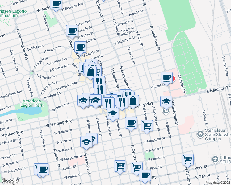 map of restaurants, bars, coffee shops, grocery stores, and more near 4 Alder Street in Stockton