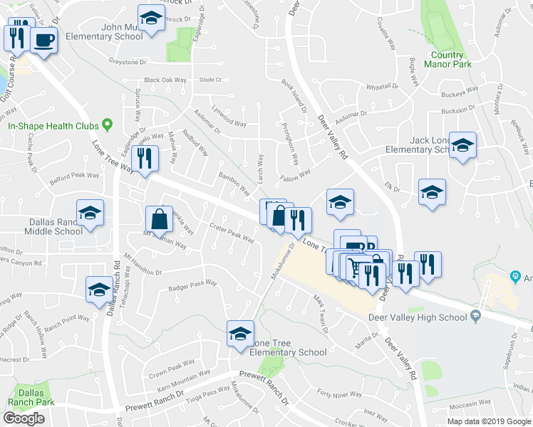 map of restaurants, bars, coffee shops, grocery stores, and more near 2224 Koa Court in Antioch