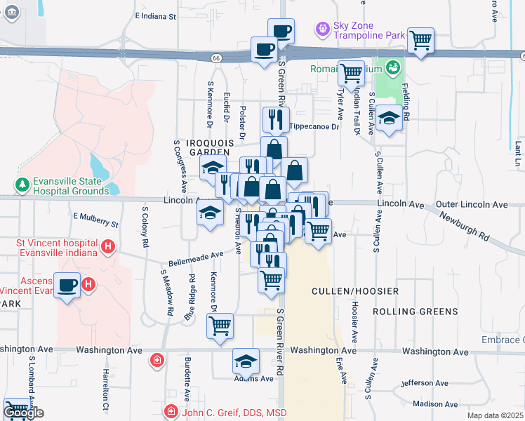 map of restaurants, bars, coffee shops, grocery stores, and more near 4701 Lincoln Avenue in Evansville