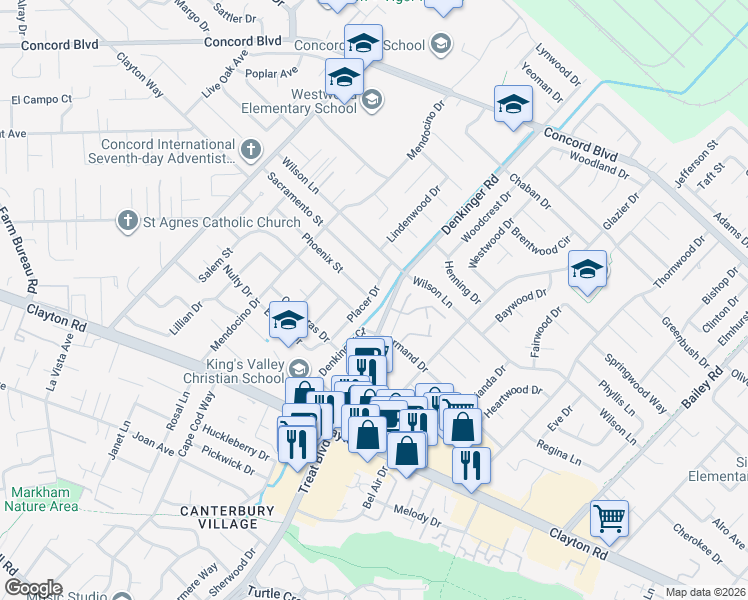 map of restaurants, bars, coffee shops, grocery stores, and more near 1622 Placer Drive in Concord