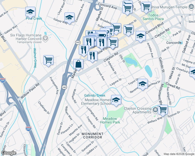 map of restaurants, bars, coffee shops, grocery stores, and more near 1651 Detroit Avenue in Concord
