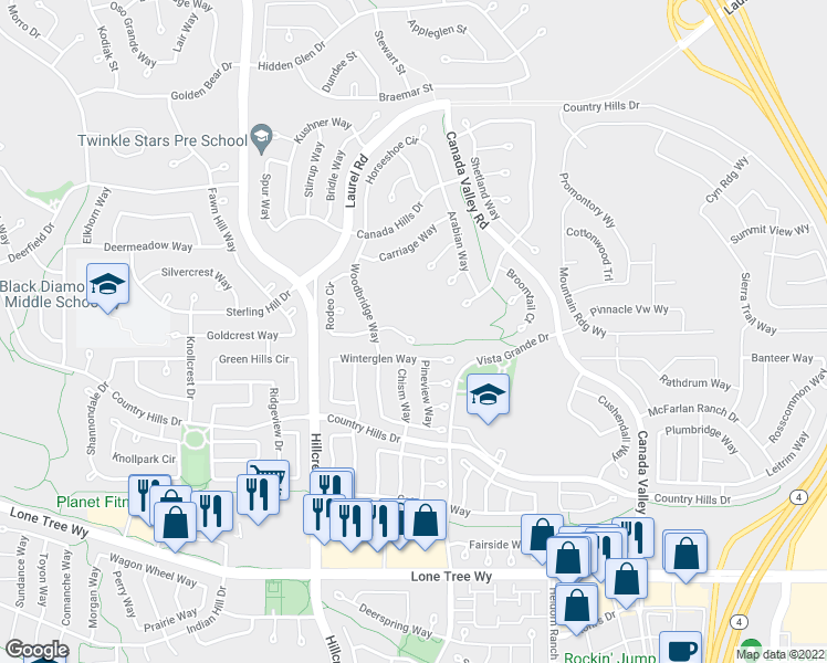 map of restaurants, bars, coffee shops, grocery stores, and more near 5133 Rodeo Court in Antioch