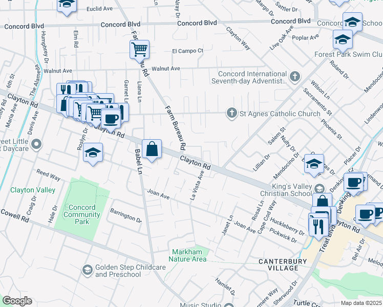 map of restaurants, bars, coffee shops, grocery stores, and more near 3901 Clayton Road in Concord