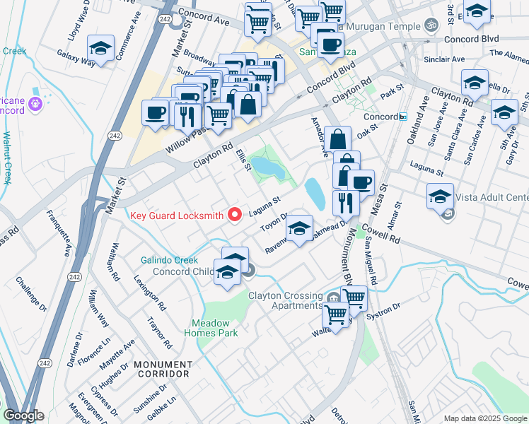 map of restaurants, bars, coffee shops, grocery stores, and more near 1776 Laguna Street in Concord