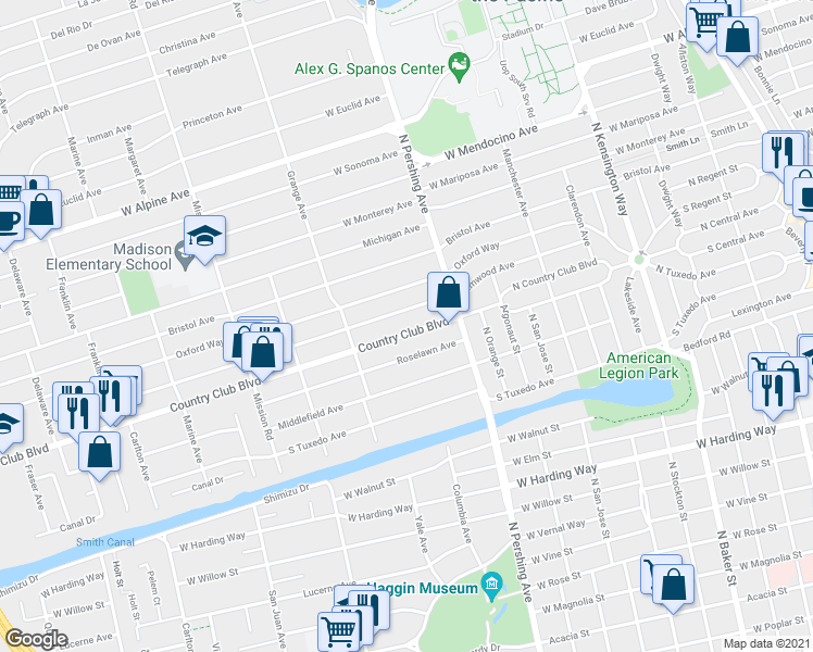 map of restaurants, bars, coffee shops, grocery stores, and more near 1519 Country Club Boulevard in Stockton
