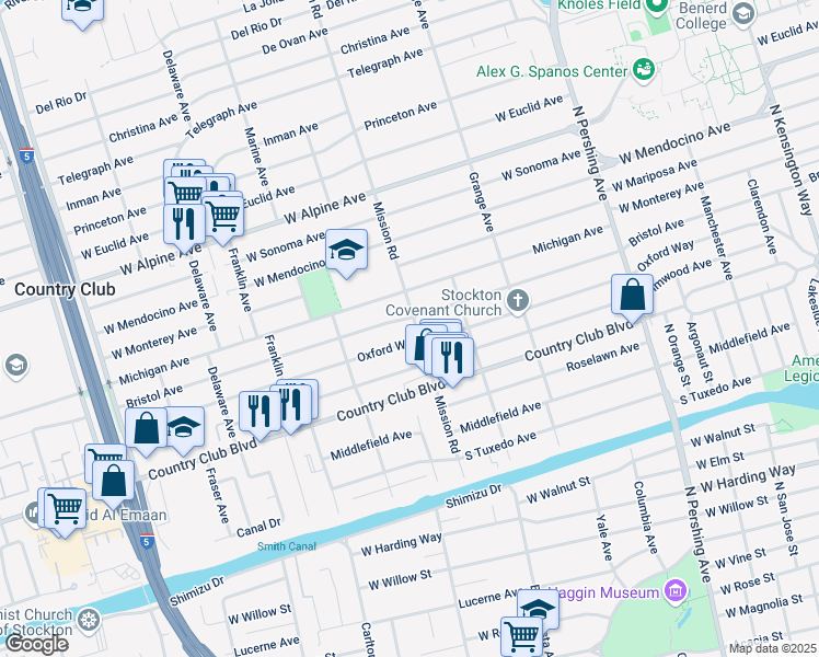 map of restaurants, bars, coffee shops, grocery stores, and more near 1907 Bristol Avenue in Stockton