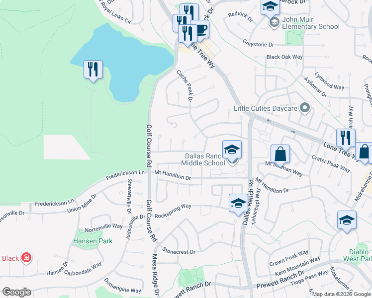 map of restaurants, bars, coffee shops, grocery stores, and more near 4800 Snowmass Peak Court in Antioch