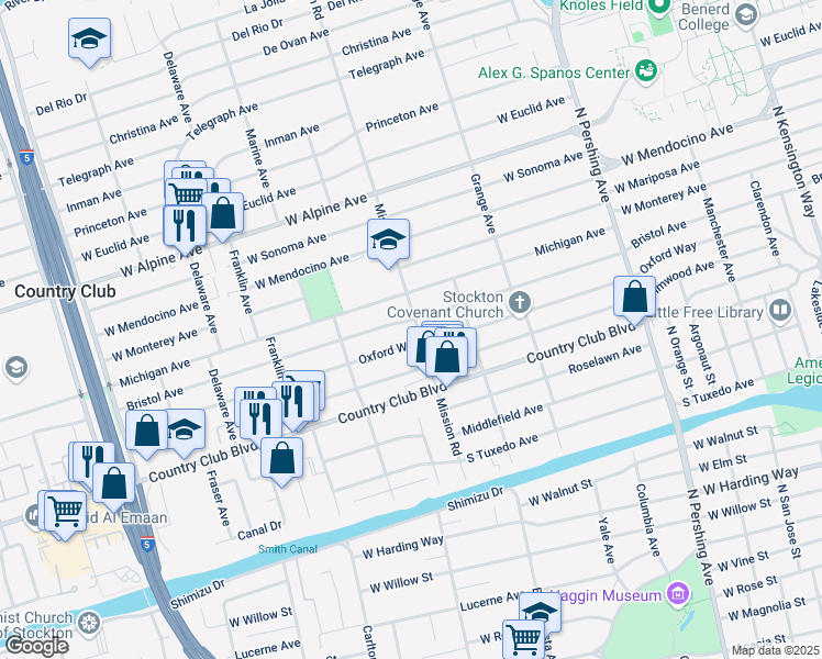 map of restaurants, bars, coffee shops, grocery stores, and more near 1907 Bristol Avenue in Stockton