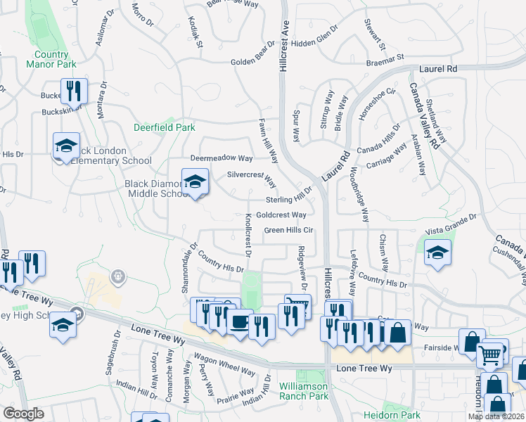 map of restaurants, bars, coffee shops, grocery stores, and more near 4812 Sterling Hill Drive in Antioch