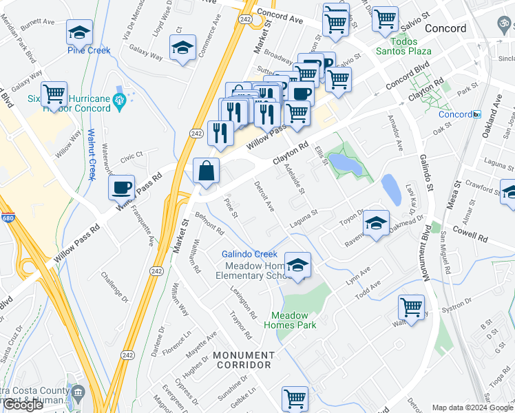 map of restaurants, bars, coffee shops, grocery stores, and more near 1711 Detroit Avenue in Concord