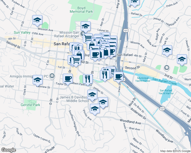 map of restaurants, bars, coffee shops, grocery stores, and more near 750 Lindaro St in San Rafael
