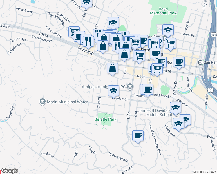 map of restaurants, bars, coffee shops, grocery stores, and more near 124 Ross Street in San Rafael