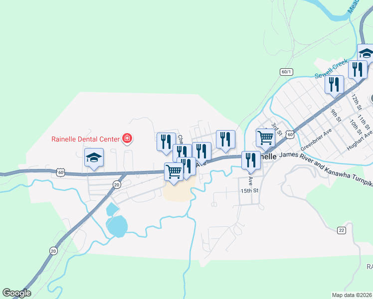 map of restaurants, bars, coffee shops, grocery stores, and more near 115 Chestnut Street in Rainelle