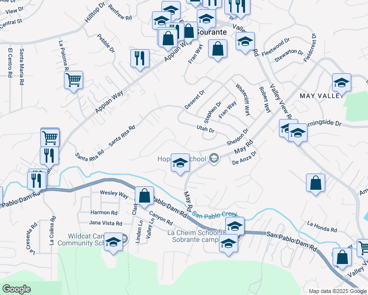 map of restaurants, bars, coffee shops, grocery stores, and more near Sheldon Drive & Sheldon Court in Richmond
