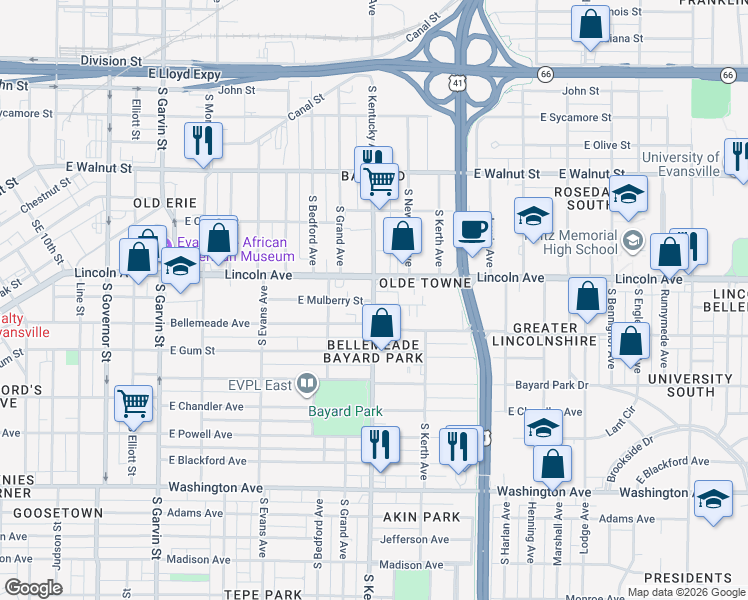 map of restaurants, bars, coffee shops, grocery stores, and more near 648 South Kentucky Avenue in Evansville