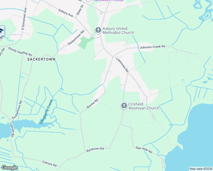 map of restaurants, bars, coffee shops, grocery stores, and more near 3175 Boone Road in Crisfield