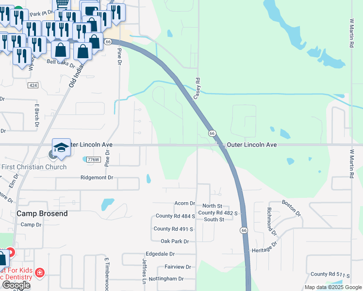 map of restaurants, bars, coffee shops, grocery stores, and more near 7301 Outer Lincoln Avenue in Newburgh