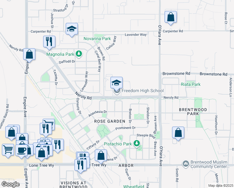 map of restaurants, bars, coffee shops, grocery stores, and more near 1050 Neroly Road in Oakley