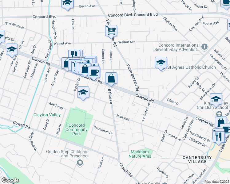 map of restaurants, bars, coffee shops, grocery stores, and more near 3610 Clayton Road in Concord