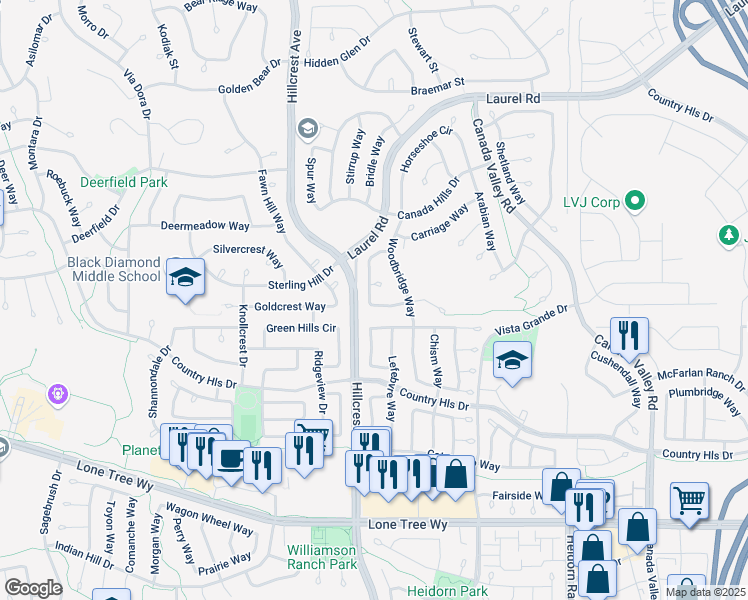 map of restaurants, bars, coffee shops, grocery stores, and more near 5063 Rodeo Circle in Antioch