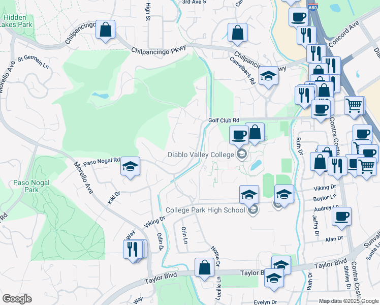 map of restaurants, bars, coffee shops, grocery stores, and more near 551 Mesa Verde Place in Pleasant Hill