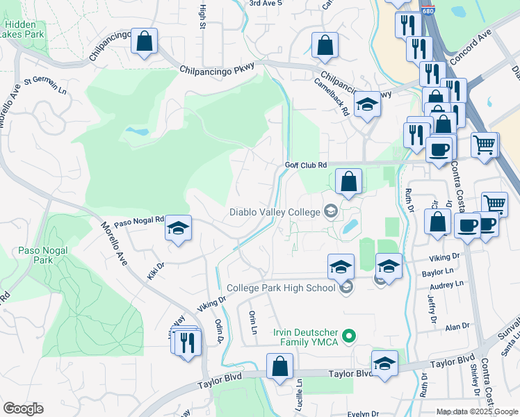 map of restaurants, bars, coffee shops, grocery stores, and more near 551 Mesa Verde Place in Pleasant Hill