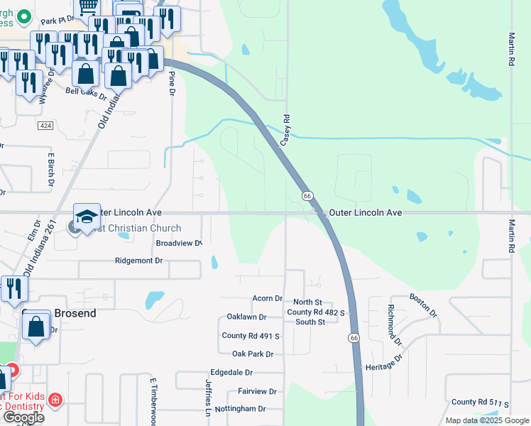 map of restaurants, bars, coffee shops, grocery stores, and more near 7301 Outer Lincoln Avenue in Newburgh