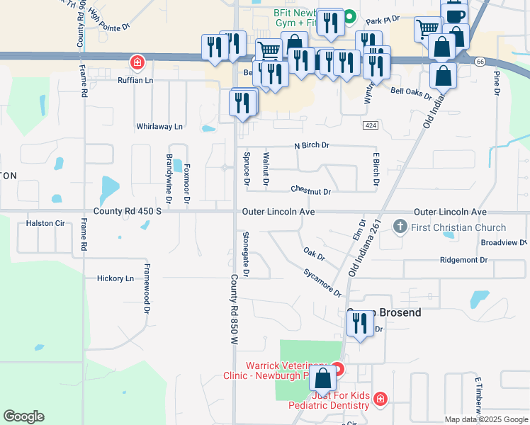 map of restaurants, bars, coffee shops, grocery stores, and more near 8399 Outer Lincoln Avenue in Newburgh