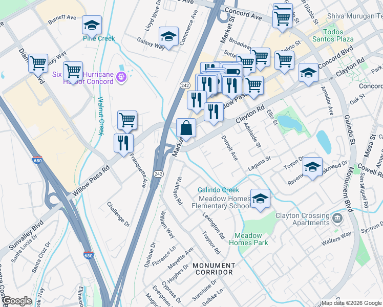 map of restaurants, bars, coffee shops, grocery stores, and more near 1580 Clayton Road in Concord