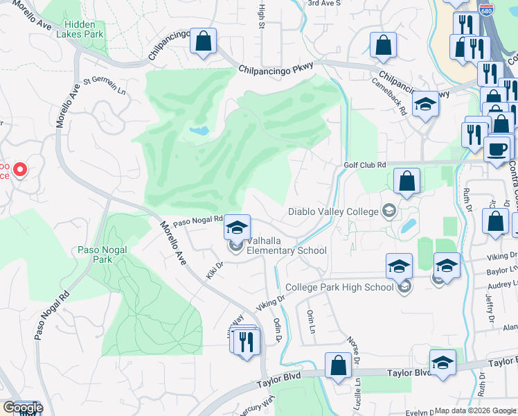 map of restaurants, bars, coffee shops, grocery stores, and more near 612 Pasa Tiempo Court in Pleasant Hill