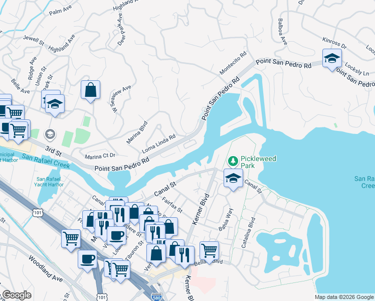 map of restaurants, bars, coffee shops, grocery stores, and more near 23 Porto Bello Drive in San Rafael