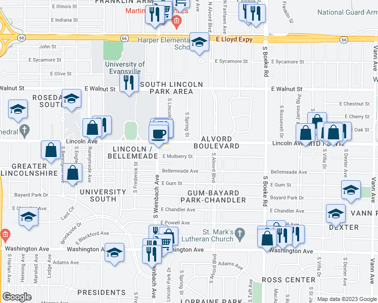 map of restaurants, bars, coffee shops, grocery stores, and more near 2109 Lincoln Avenue in Evansville