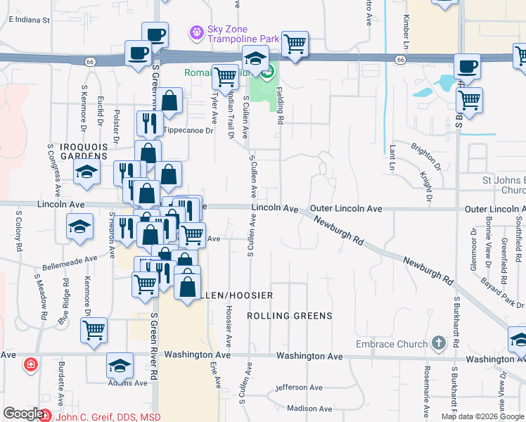 map of restaurants, bars, coffee shops, grocery stores, and more near 5406 Lincoln Avenue in Evansville