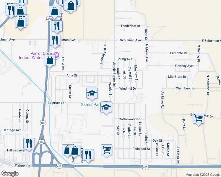 map of restaurants, bars, coffee shops, grocery stores, and more near Warrior Street in Garden City
