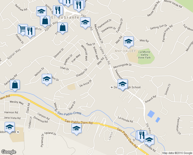map of restaurants, bars, coffee shops, grocery stores, and more near 3012 De Anza Drive in El Sobrante