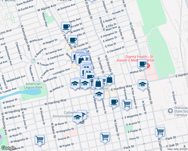map of restaurants, bars, coffee shops, grocery stores, and more near 1723 North Commerce Street in Stockton