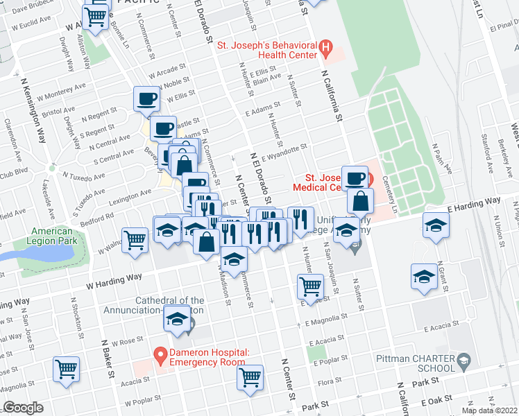 map of restaurants, bars, coffee shops, grocery stores, and more near 1700 North El Dorado Street in Stockton