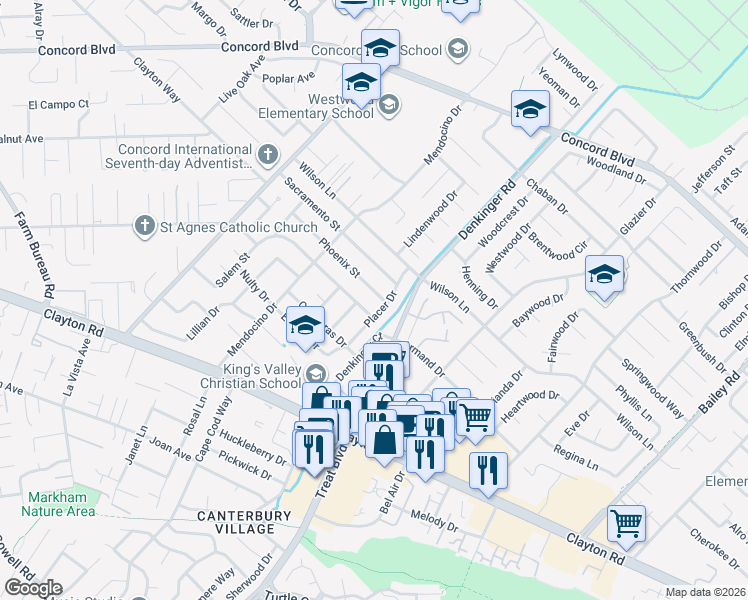 map of restaurants, bars, coffee shops, grocery stores, and more near 4155 Salem Street in Concord