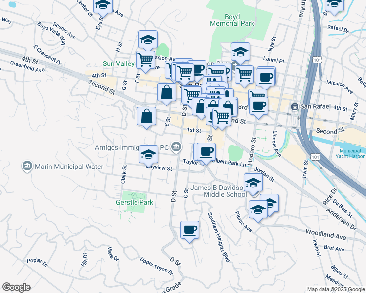 map of restaurants, bars, coffee shops, grocery stores, and more near 531 Treanor Street in San Rafael