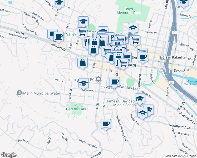 map of restaurants, bars, coffee shops, grocery stores, and more near 515 D Street in San Rafael