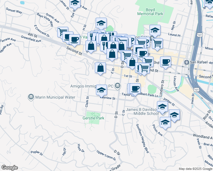 map of restaurants, bars, coffee shops, grocery stores, and more near 219 Marin Street in San Rafael