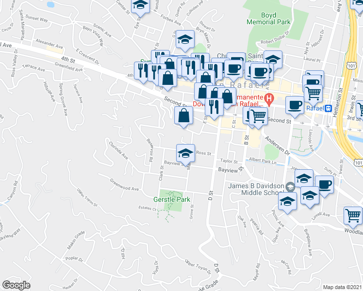 map of restaurants, bars, coffee shops, grocery stores, and more near 124 Ross Street in San Rafael