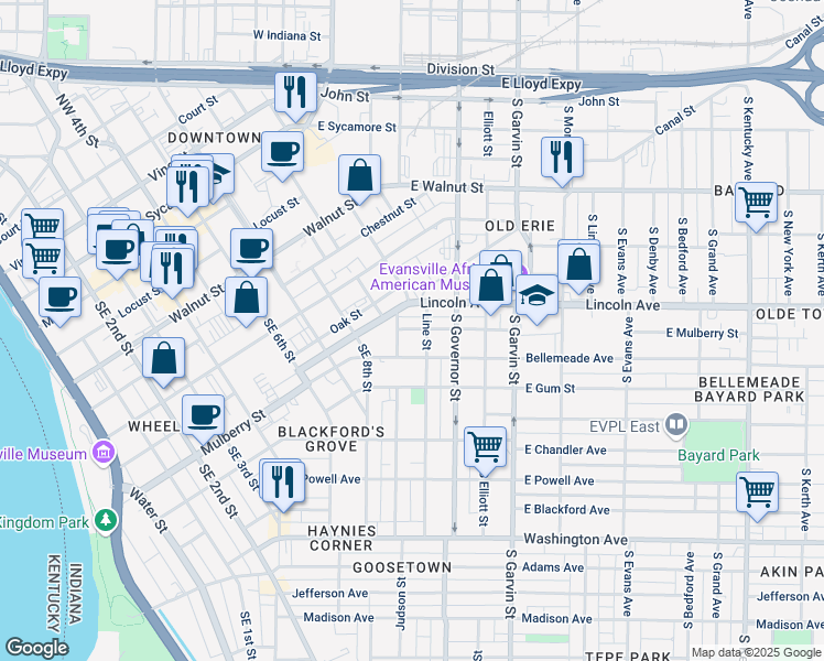 map of restaurants, bars, coffee shops, grocery stores, and more near 256e East Mulberry Street in Evansville