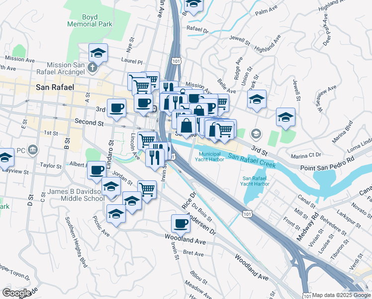 map of restaurants, bars, coffee shops, grocery stores, and more near 711 Grand Avenue in San Rafael