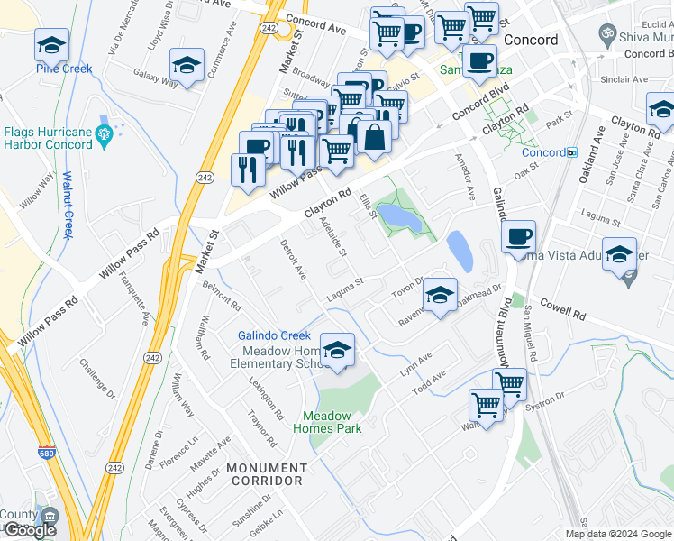 map of restaurants, bars, coffee shops, grocery stores, and more near 1531 Adelaide Street in Concord